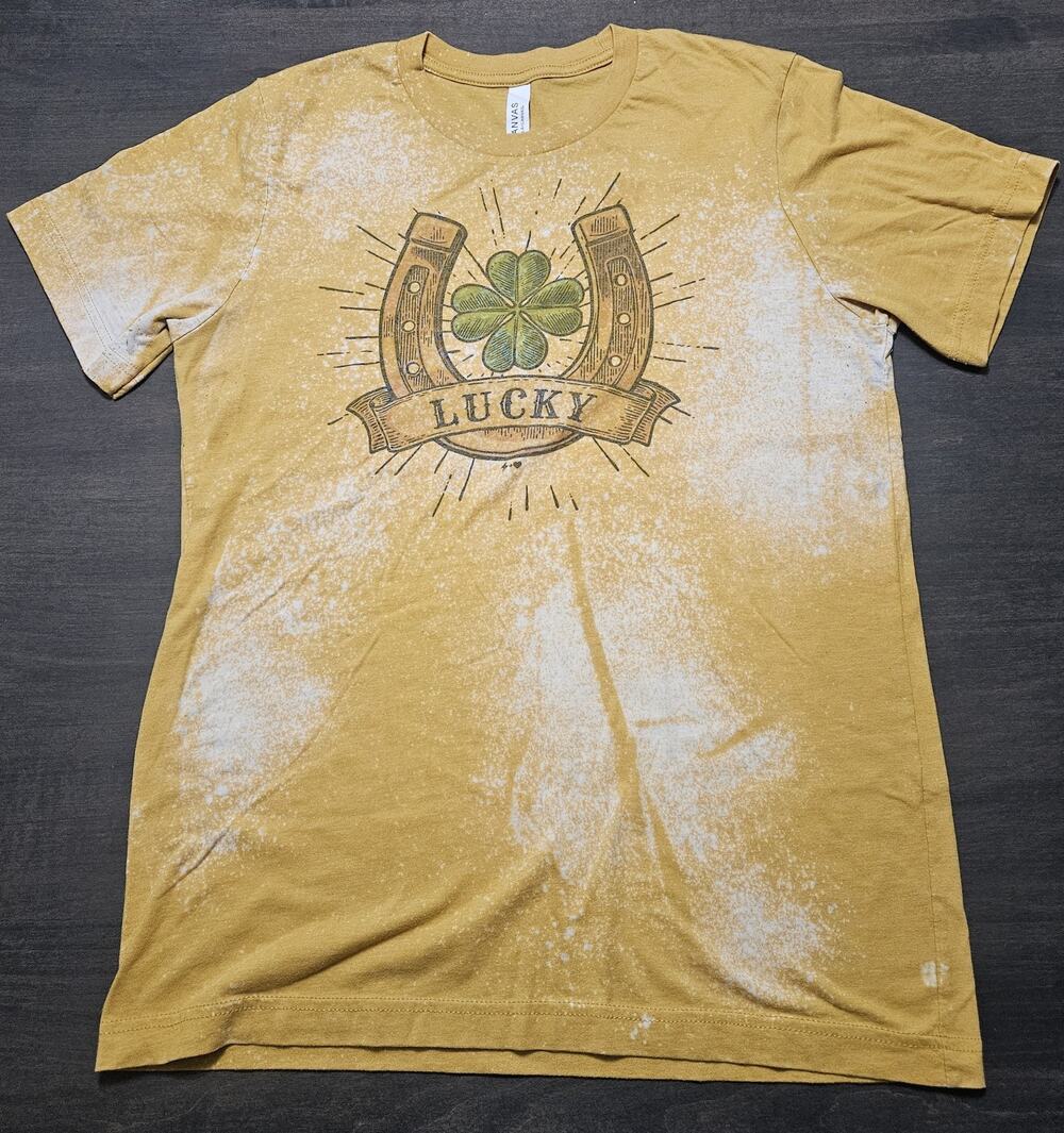Women's Canvas Lucky Good Luck Size Medium T Shirt Horse Shoe 4 Leaf Clover